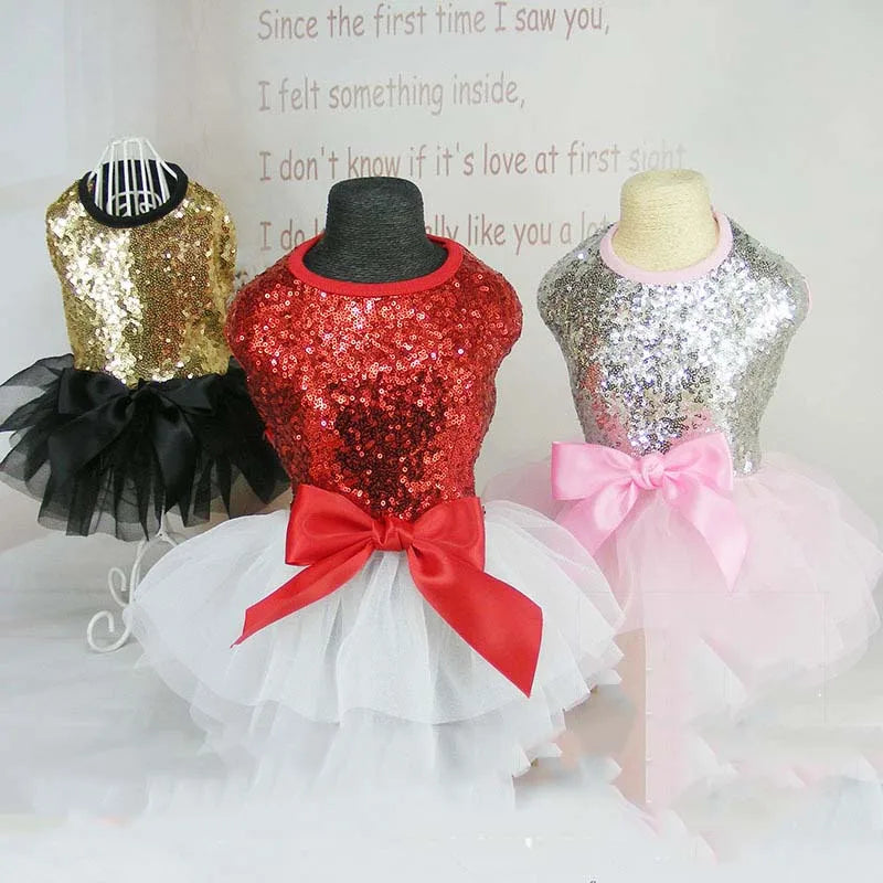 Abito per cani con paillettes scintillanti per cani di piccola taglia, gonna tutù con fiocco per cuccioli, abito da principessa di lusso, vestiti estivi per cani