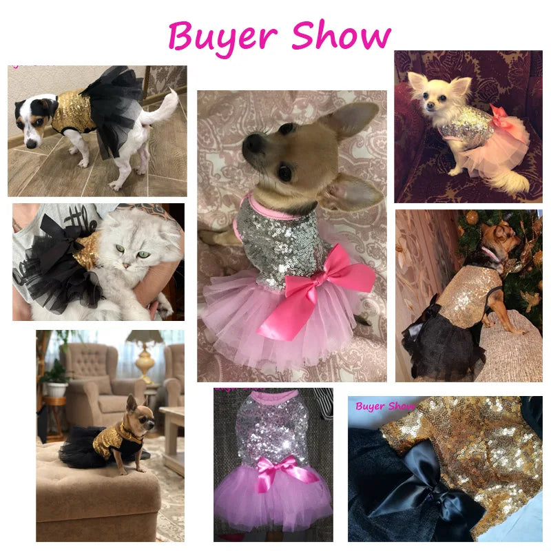 Abito per cani con paillettes scintillanti per cani di piccola taglia, gonna tutù con fiocco per cuccioli, abito da principessa di lusso, vestiti estivi per cani