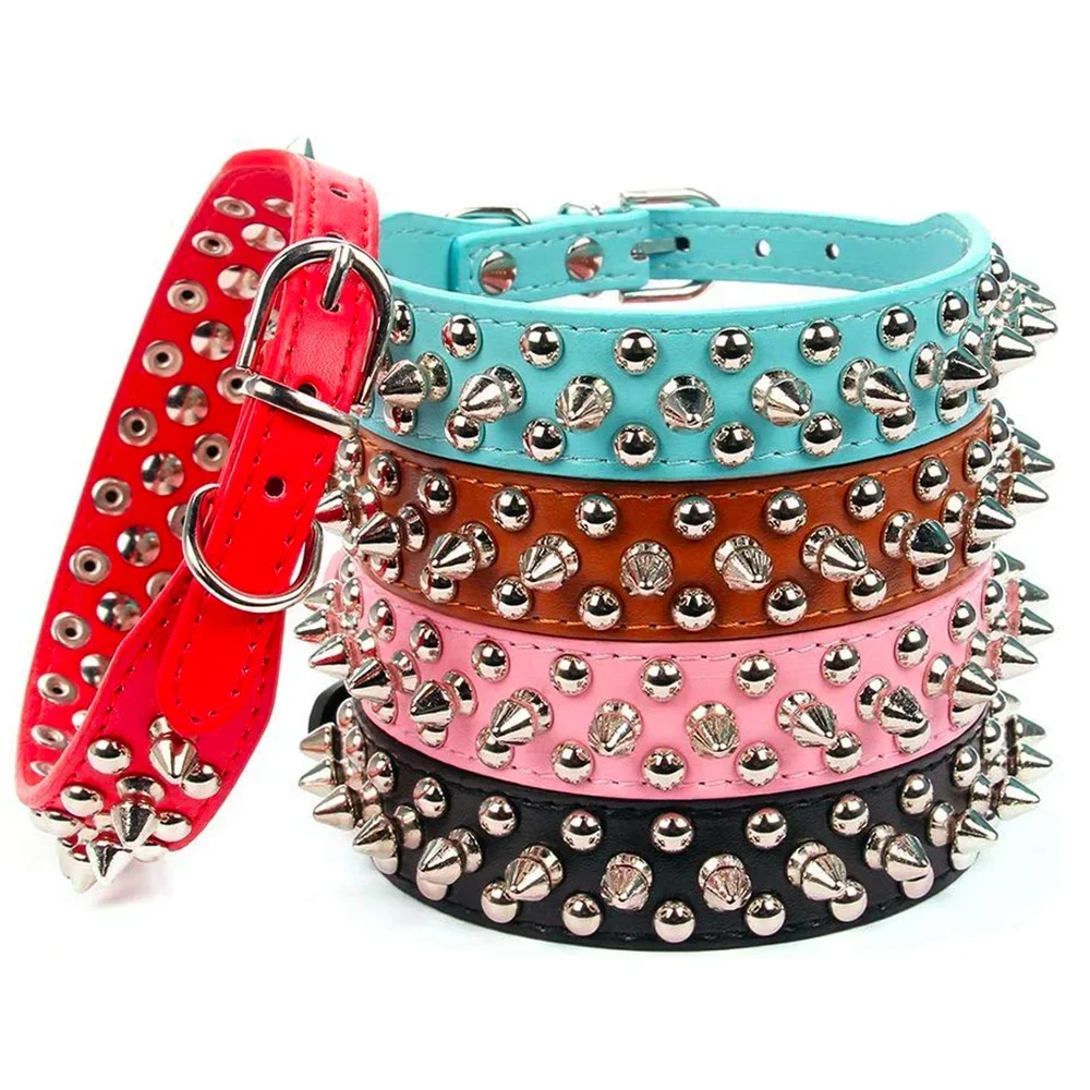 Collare per cani da compagnia in pelle regolabile Forniture per tracolla Collare per cani a spillo con rivetti punk in pelle PU Collari per animali domestici per cani di piccola taglia