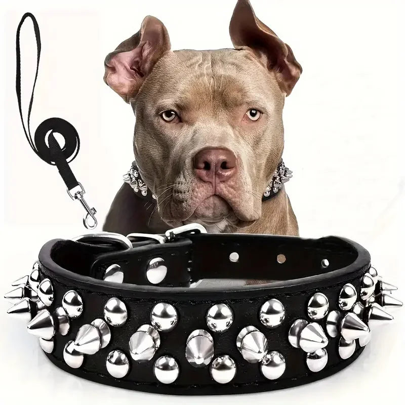 Set collare e guinzaglio per cani a spillo, collare per cani regolabile in pelle con rivetti per passeggiate all'aperto