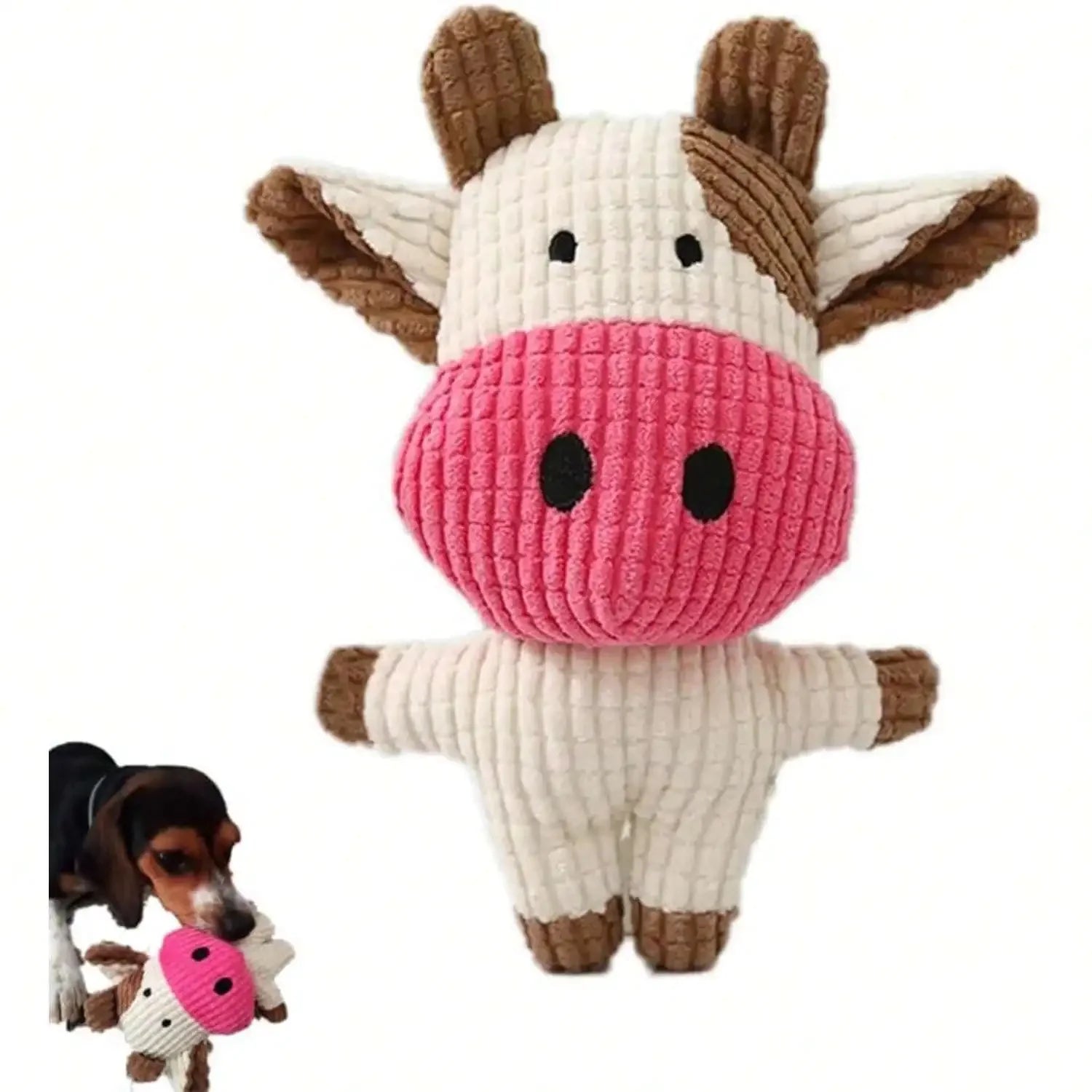 Divertente giocattolo per animali domestici Forma di mucca Velluto a coste Giocattolo da masticare per cani Cucciolo Squeaker Squeaky Peluche Osso Molare Giocattolo per cani Addestramento per animali domestici Accessorio per