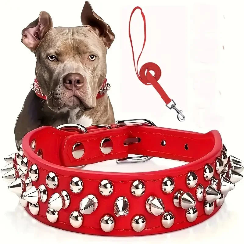 Set collare e guinzaglio per cani a spillo, collare per cani regolabile in pelle con rivetti per passeggiate all'aperto