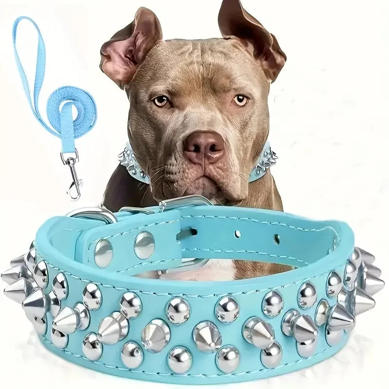 Set collare e guinzaglio per cani a spillo, collare per cani regolabile in pelle con rivetti per passeggiate all'aperto