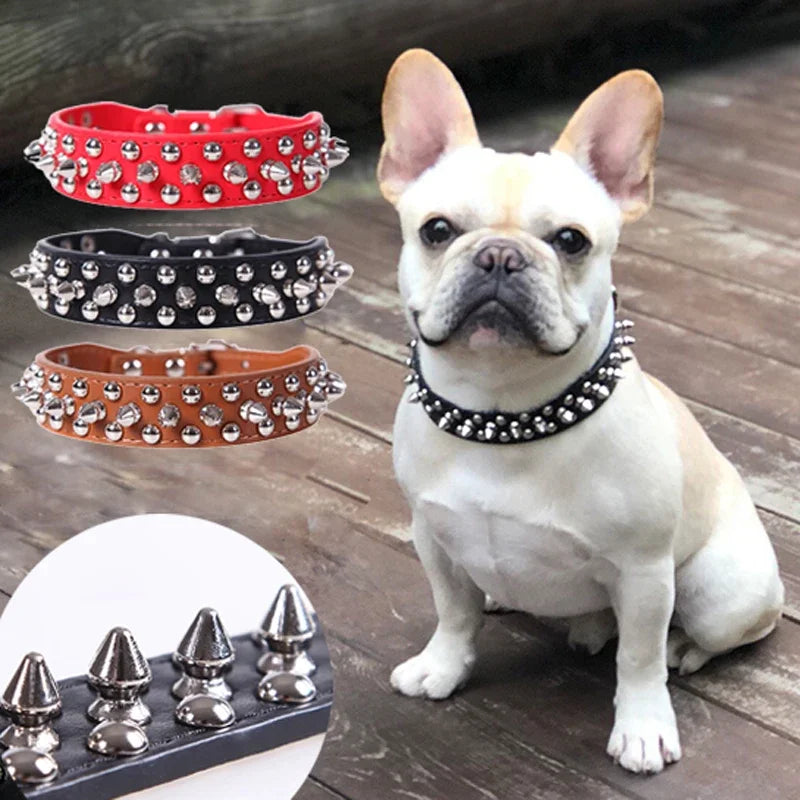 Collare per cani da compagnia in pelle regolabile Forniture per tracolla Collare per cani a spillo con rivetti punk in pelle PU Collari per animali domestici per cani di piccola taglia
