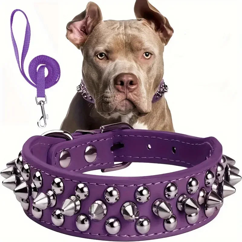 Set collare e guinzaglio per cani a spillo, collare per cani regolabile in pelle con rivetti per passeggiate all'aperto