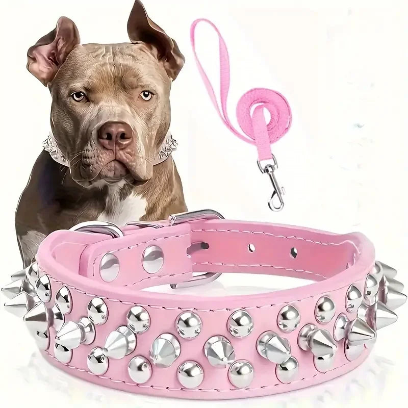 Set collare e guinzaglio per cani a spillo, collare per cani regolabile in pelle con rivetti per passeggiate all'aperto